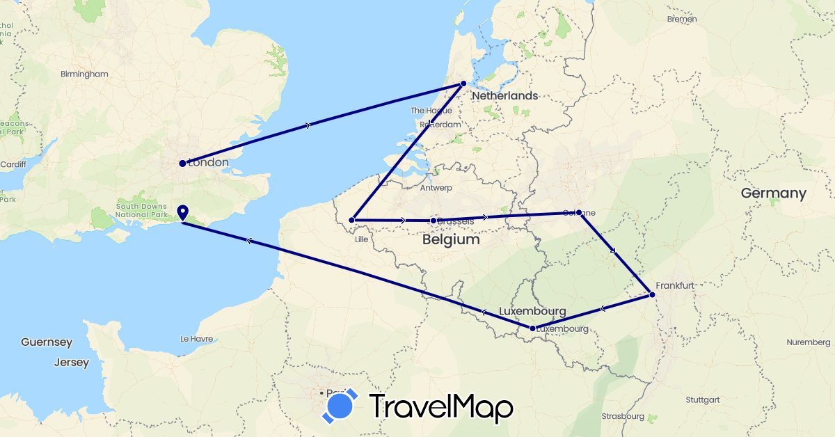 TravelMap itinerary: driving in Belgium, Germany, United Kingdom, Luxembourg, Netherlands (Europe)